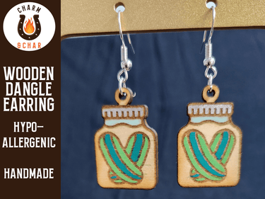 Jar of Pickles Wood Dangle Earrings - Food Fashion Earring - Dangle Earring - Charm and Char